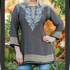 Sevya Handmade Silk Tunic Top Medium Black/Green Embroidered Boho Lightweight